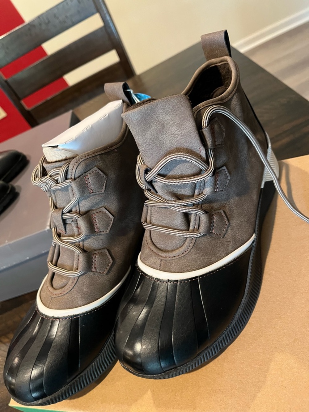 JBU Brown and Black Duck-Style Ankle Booties with Cream Trim
